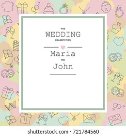 Wedding invitation design. Wedding vector background with wedding icons in thin line style.