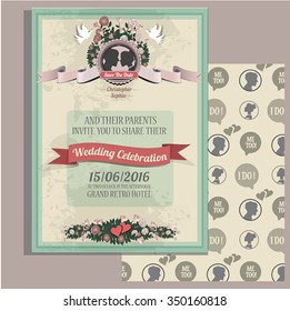 Wedding invitation design. Vintage style. Pattern , ribbons 