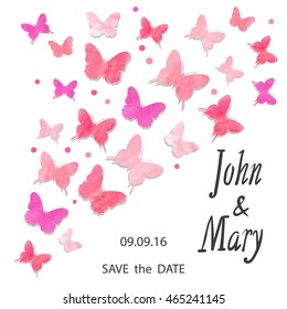 Wedding invitation design with watercolor butterflies. Vector illustration in pink and violet, can be used as birthday card, party invitation, greetings. 