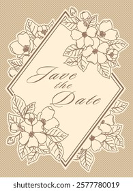 Wedding invitation with a diamond frame with apple blossoms. Outline drawing of a blossoming apple tree beautiful background. Great for cards, banner, textile, wallpaper - vector design