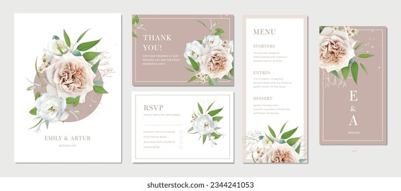 Wedding invitation, digital invite, rsvp, thank you, menu card design. Neutral flowers bouquet. Beige ivory rose, white eustoma, greenery eucalyptus leaves. Editable vector watercolor illustration set