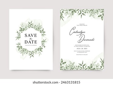 Wedding invitation double sided template set with green leaves
