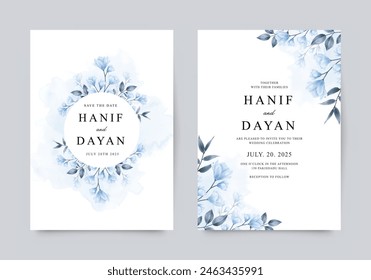 Wedding invitation double sided template set with blue watercolor floral