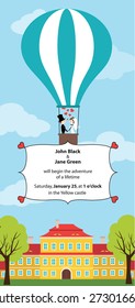 Wedding invitation, drawing of couple in the flying balloon, cute colorful style