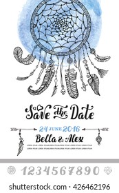 Wedding invitation with Dreamcatcher.Hand drawn Wedding vector.American Indian talisman .Vintage hipster magic illustration. Tribal symbol,boho chic,hippie art.Watercolor wedding Save the date card