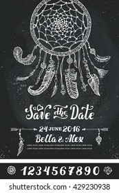 Wedding invitation with Dreamcatcher.Hand drawn vector.American Indian talisman .Vintage hipster magic illustration. Tribal symbol,boho chic