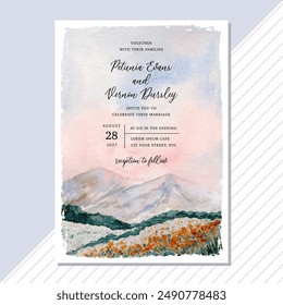 wedding invitation with dreamy mountain landscape watercolor