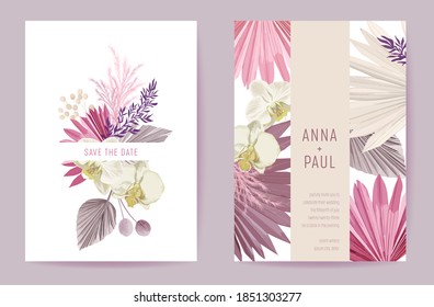 Wedding invitation dried pastel flowers, floral card, dry pampas grass, orchid watercolor minimal template vector. Botanical golden foliage modern poster, trendy design, luxury background illustration