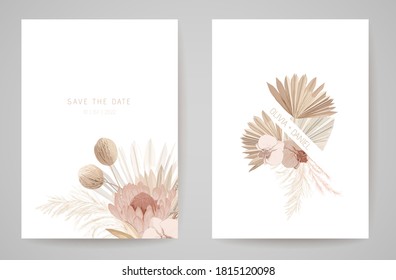 Wedding invitation dried tropical palm leaves, flowers card, dry pampas grass watercolor minimal template vector. Botanical Save the Date golden foliage modern poster, trendy design, luxury background