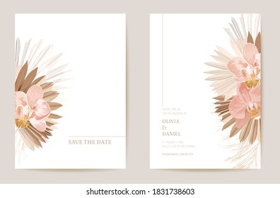 Wedding Invitation Dried Tropical Palm Leaves, Orchid Flowers Card, Dry Pampas Grass Watercolor Minimal Template Vector. Botanical Save The Date Foliage Modern Poster, Trendy Design, Luxury Background
