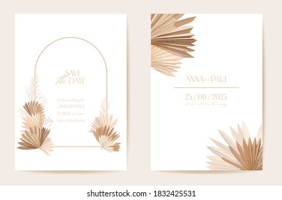 Wedding invitation dried tropical palm leaves, flowers card, dry pampas grass watercolor template vector. Botanical Save the Date golden foliage modern poster, trendy design, luxury background