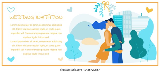 Wedding Invitation with Editable Text. Cartoon Couple Kissing. Sweet and Romantic Embrace. Flat City Park Landscape. Vector People Relations Illustration. Hearts Decoration. Celebrating Love Card