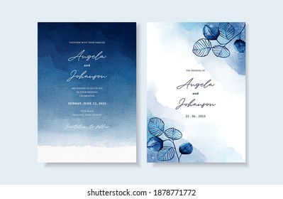 wedding invitation with elegant navy blue leaves
