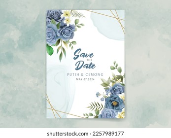 wedding invitation with elegant royal blue roses