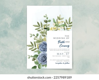 wedding invitation with elegant royal blue roses