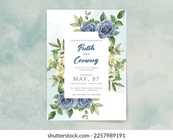 wedding invitation with elegant royal blue roses