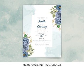 wedding invitation with elegant royal blue roses