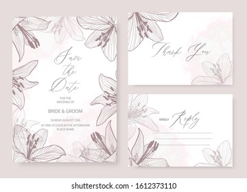 Wedding invitation elegant theme template set with LILY floral decoration.