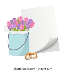 Wedding invitation elements with gold rings, tulips flower bouquet and blank paper vector illustration. Pair of golden wedding rings isolated on white.