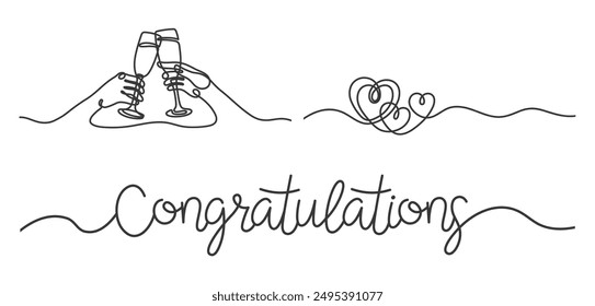 Wedding invitation elements. Hands with champagne glasses, hearts and lettering phrase congratulations. Line design, celebrating vector linear set