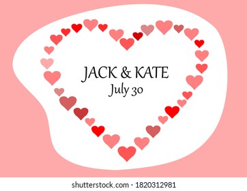 Wedding invitation, engagement celebration. Heart made up of smaller hearts in pink tones.