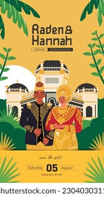 Wedding invitation envelope design with colorful flat style indonesian traditional dress illustration