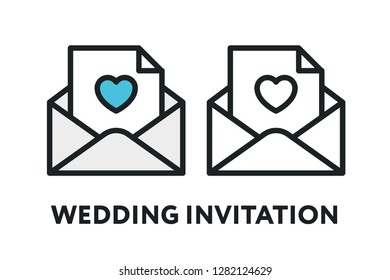 Wedding Invitation Envelope Heart. Vector Flat Line Stroke Icon.