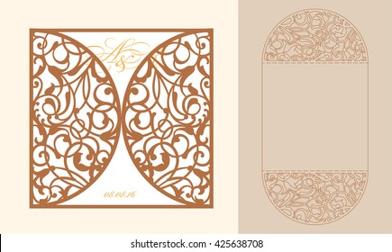 Sobre de invitación de matrimonio para corte láser.Plantilla de invitación de boda vectorial Lazercut.  Folds de la puerta de encaje.Vector de corte flojo.