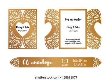 Wedding invitation envelope layout. Openwork filigree template for laser cutting, engraving, woodwork, DIY cutting. C6 size. Vector illustration