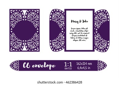 Wedding invitation envelope layout template for laser cutting, engraving, woodwork, DIY cutting. C6 size. Vector illustration