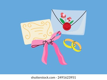 Wedding invitation, envelope and wedding rings. Delicate vector illustration in flat style. Colorful drawing on wedding and love themes for decoration and printing.