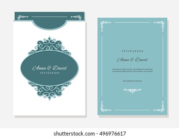 Wedding invitation and envelope template with laser cutting filigree oval frame. Emerald and white colors.