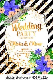 Wedding Invitation Exotic tropical flowers on striped background for the holiday.  Gold lettering handwriting. Invitation to a party