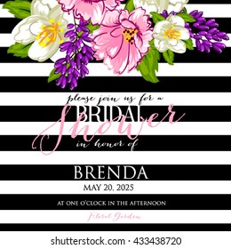 Wedding Invitation Exotic tropical flowers on striped background for the holiday.  Gold lettering handwriting. Invitation to a party