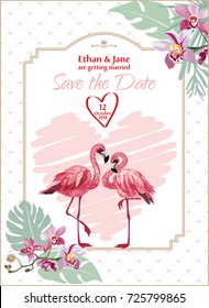 Wedding invitation with a Flamingo, palm leaves and the writing "save the date". Invitation template.