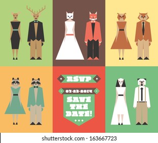 Wedding invitation flat figures of bride in dress and groom in tuxedo, retro style, watercolor palette, stylish animal heads 