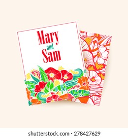 Wedding invitation. Flayers and leaflets. The two sides - the two designs. The pattern of flowers painted by hand. With bright red flowers and green leaves. Beautiful and refreshing, stylish design.
