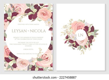 Invitación a la boda con fondo floral y marco monográfico.