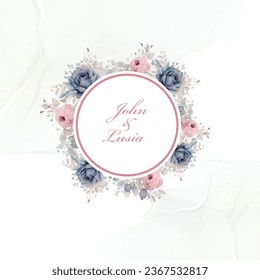 Wedding invitation Floral background watercolor blue and pink flower template design circular frame 