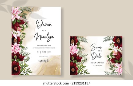 Wedding invitation floral with beautiful flower and leaves
