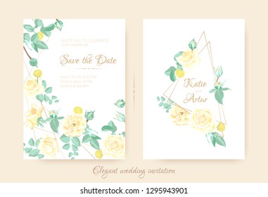 Wedding Invitation with Floral Bouquet in Pastel Colors. Vintage Flowers for Greeting Card Design, Announcement of Wedding Celebration. Romantic Roses illustration with Vector Leaves for Invitation.