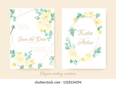Wedding Invitation with Floral Bouquet in Pastel Colors. Vintage Flowers for Greeting Card Design, Announcement of Wedding Celebration. Romantic Roses illustration with Vector Leaves for Invitation.