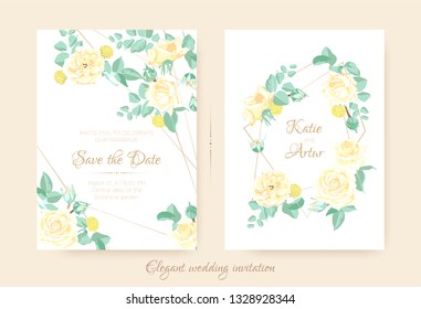 Wedding Invitation with Floral Bouquet in Pastel Colors. Vintage Flowers for Greeting Card Design, Announcement of Wedding Celebration. Romantic Roses illustration with Vector Leaves for Invitation.