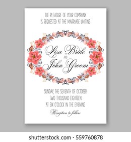 Wedding Invitation Floral Bridal Shower Invitation Wreath with pink flowers Anemone, Peony, wild privet berry,  vector floral illustration in vintage watercolor style