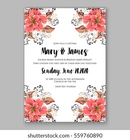 Wedding Invitation Floral Bridal Shower Invitation Wreath with pink flowers Anemone, Peony, wild privet berry,  vector floral illustration in vintage watercolor style