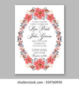 Wedding Invitation Floral Bridal Shower Invitation Wreath with pink flowers Anemone, Peony, wild privet berry,  vector floral illustration in vintage watercolor style