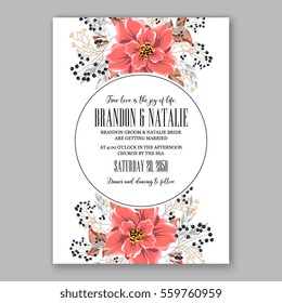 Wedding Invitation Floral Bridal Shower Invitation Wreath with pink flowers Anemone, Peony, wild privet berry,  vector floral illustration in vintage watercolor style