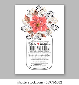 Wedding Invitation Floral Bridal Shower Invitation Wreath With Pink Flowers Anemone, Peony, Wild Privet Berry,  Vector Floral Illustration In Vintage Watercolor Style