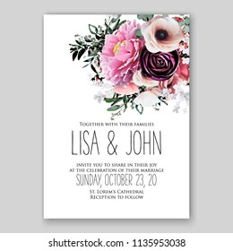 Wedding Invitation Floral Bridal Wreath  pink peony flowers Anemones, wild Privet Berry, vector floral illustration in vintage watercolor style baby shower invitation template vector printable card