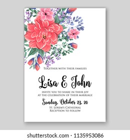 Wedding Invitation Floral Bridal Wreath  pink peony flowers Anemones, wild Privet Berry, vector floral illustration in vintage watercolor style baby shower invitation template vector printable card